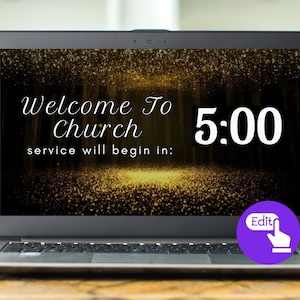May include: A laptop screen displaying a welcome message for church service, with a countdown timer showing 5:00. The background is a blurry image of a forest with golden lights.