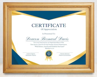 Plantilla editable de certificado de reconocimiento del superintendente de la escuela dominical: Presentación en Canva (descarga digital)