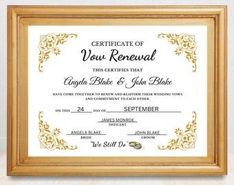 Bewerkbaar certificaat voor gelofteverlenging, elegante afdrukbare sjabloon voor certificaatverlenging bruiloft, bewerken in canvas