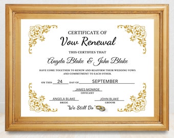 Editable Vow Renewal Certificate, Elegant Printable Wedding Renewal Certificate Template, Edit in Canva