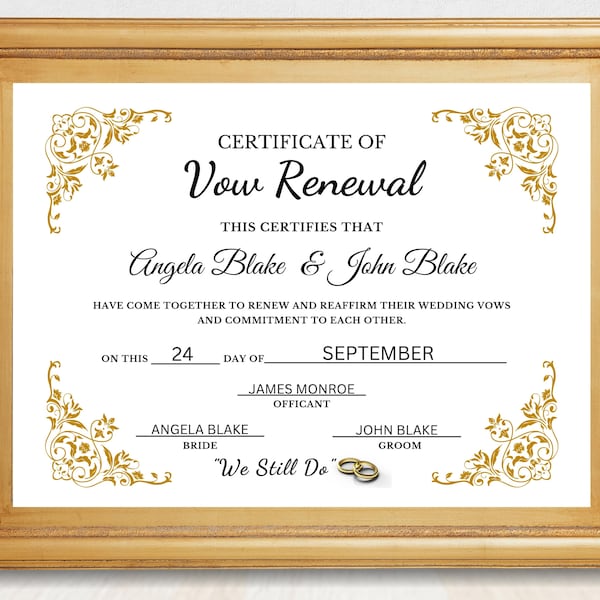 Editable Vow Renewal Certificate, Elegant Printable Wedding Renewal Certificate Template, Edit in Canva