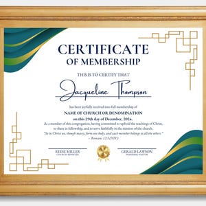 Modelo de Certificado de Membro Personalizável | Prêmio de Igreja Moderna Editável | Design Canva | Tema Azul-petróleo e Dourado para Imprimir