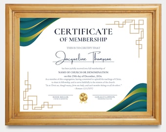 Plantilla editable de certificado de membresía de iglesia: verde azulado y dorado (diseño de Canva)