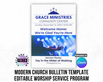 Modern Church Bulletin Template | Blue Worship Service Program (Canva Editable)