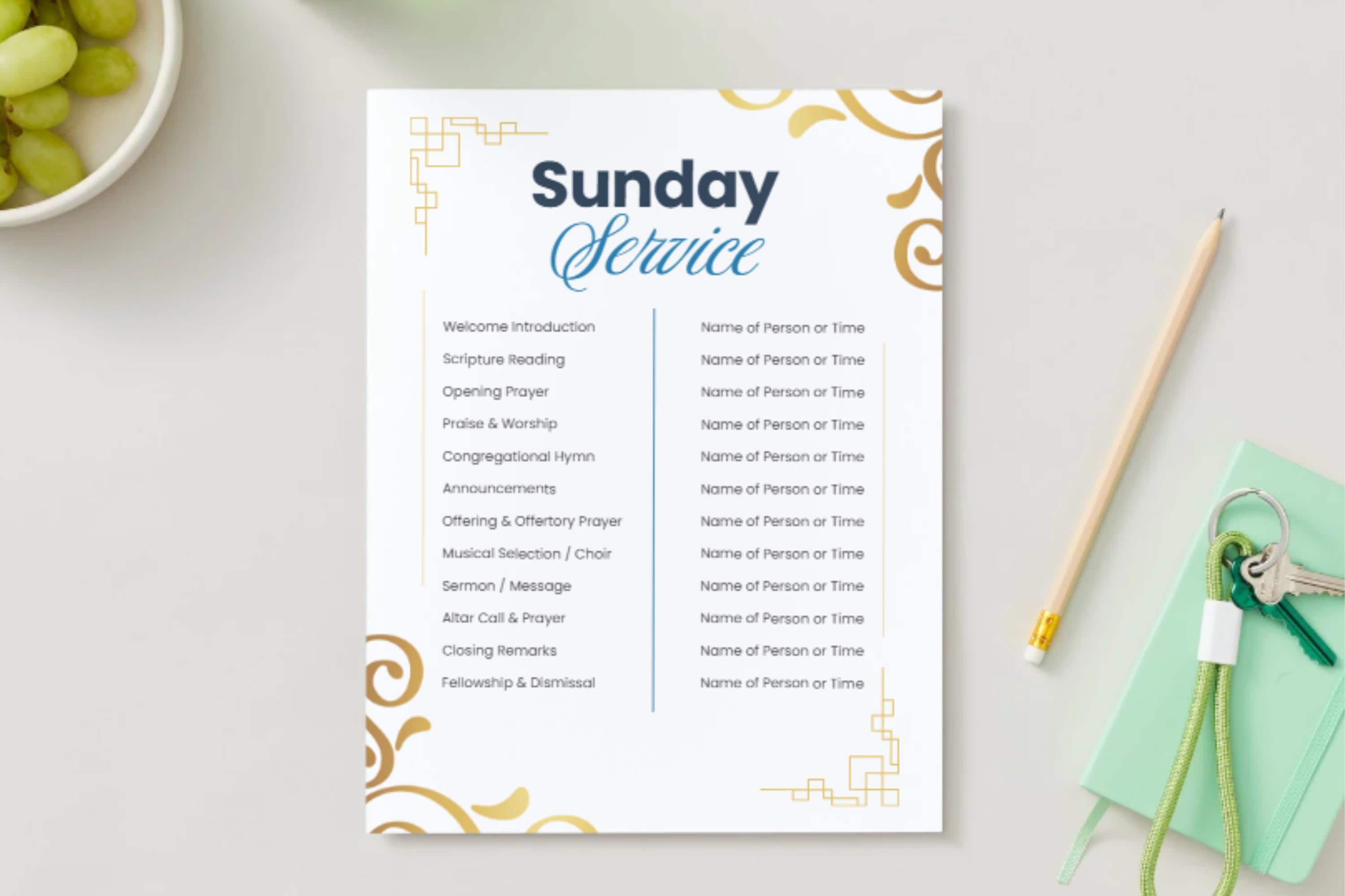 Elegant Church Program Template: Gold & Blue Sunday Service (canva ...