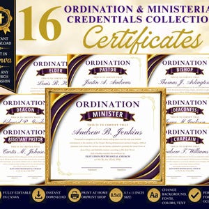 May include: A collection of 16 ordination and ministerial credentials certificates featuring a purple and gold border design. The text includes titles such as Pastor, Elder, Bishop, Deacon, Deaconess, Assistant Pastor, and Chaplain, with 8.5x11 inch size.