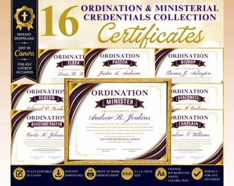 Editable Church Ordination Certificates Bundle | Minister, Pastor, Elder, Bishop (Digital Download)