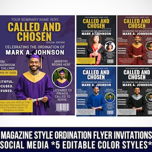 Ordination Invitation Flyer: Magazine Style Church Announcement (Canva Template, 5 Colors)