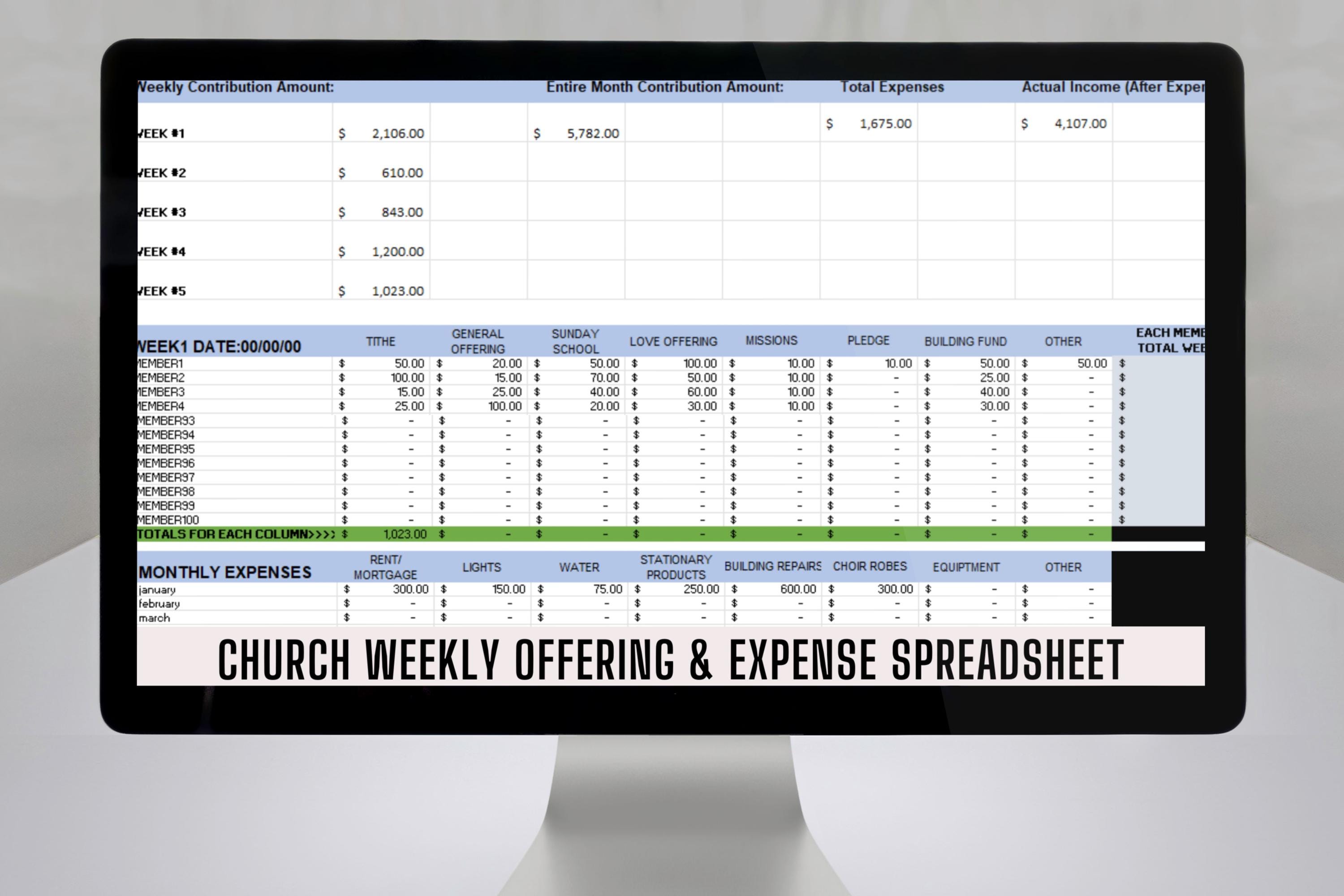 Church Weekly Offering, Contribution, and Expense Bookkeeping Spreadsheet, Small Church Accounting Template for tracking Income and Expenses