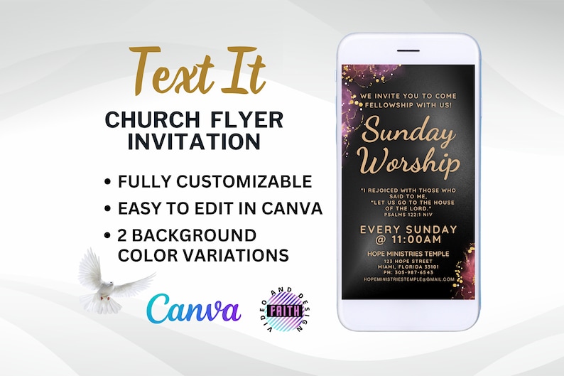 May include: A customizable church flyer template for Canva with a black background, gold accents, and purple and pink abstract shapes. The text reads "Sunday Worship" and includes a Bible verse from Psalms 122:1. The flyer also includes the name and address of Hope Ministries Temple.
