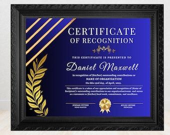 Certificado de reconocimiento elegante por logros y contribuciones, certificado de premio personalizable, plantilla de Canva