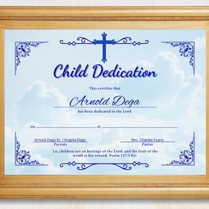 Plantilla editable de certificado de dedicación infantil con texto de muestra y cita bíblica, editar en Canva