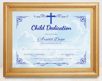 Plantilla editable de certificado de dedicación infantil con texto de ejemplo y cita bíblica. Edita en Canva.