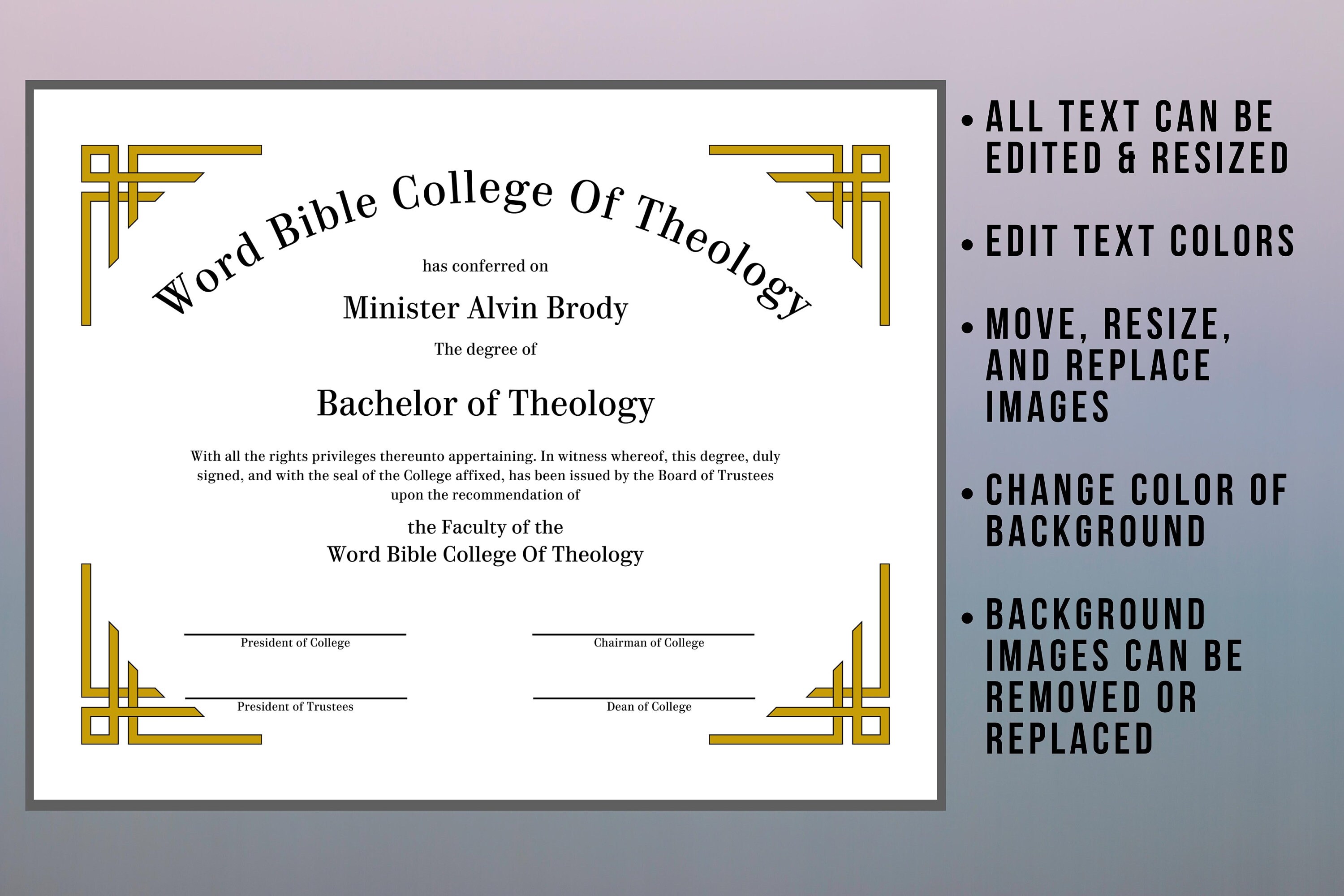 Editable Certificate Of Theology Template Bachelor Master Doctor Of 