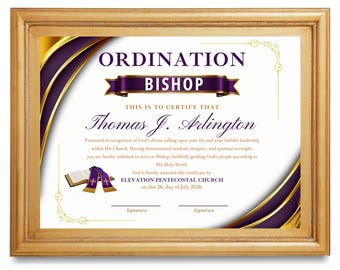 Bishop Ordination Certificate, Editable Purple and Gold Church Award, Canva Template (Instant Download)