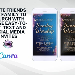 May include: Two mobile phone screen mockups with a blue and black background, gold text, and pink and purple watercolor accents. The text reads "We invite you to come fellowship with us! Sunday Worship" and includes a Bible verse and details about the church service.