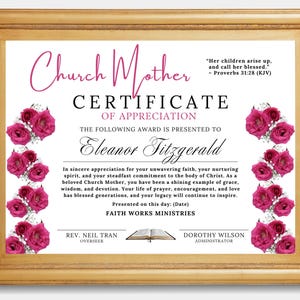 Certificato di ringraziamento per la festa della mamma in chiesa - Regalo per la festa della mamma modificabile - Modello stampabile per premio religioso - Personalizza in Canva