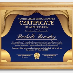 Sunday School Certificate of Appreciation | Gold Blue Purple (Instant Download)