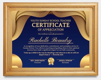 Elegante plantilla de certificado para escuela dominical: dorado, azul, morado y dorado (descarga instantánea)