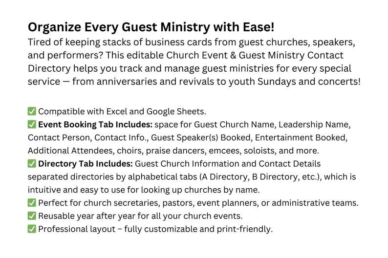 Guest Directory Examples Church Guest Directory and Event Tracker | Excel and Google Sheets ...