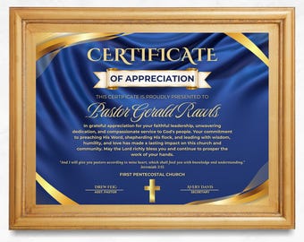 Pastor Appreciation Certificate, Blue Gold Clergy Award, Editable Canva Template (11x8.5)