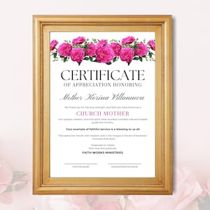 Formal Church Mother Certificate of Appreciation Award–Editable Mother's Day Gift - Printable Template Religious Award - Customize in Canva