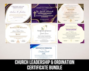 Certificado de Liderazgo y Ordenación de la Iglesia (Licencia de Pastor, Anciano, Diácono, Diaconisa y Ministro) y Plantillas de Canva.