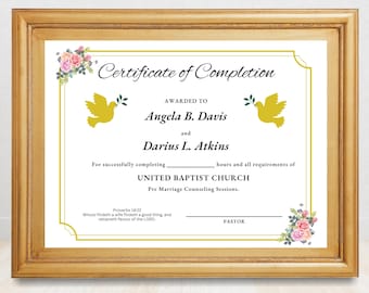 Certificado de finalización de asesoramiento prematrimonial editable, plantilla de certificado de boda prematrimonial, editable en Canva