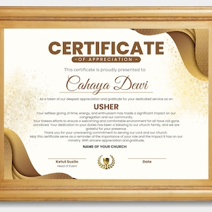 Customizable Usher Appreciation Certificate | Church Recognition Award | Editable Digital Template in Canva