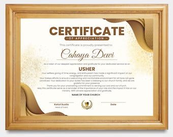 Certificado de reconocimiento de acomodador personalizable / Premio de reconocimiento eclesiástico / Plantilla digital editable en Canva