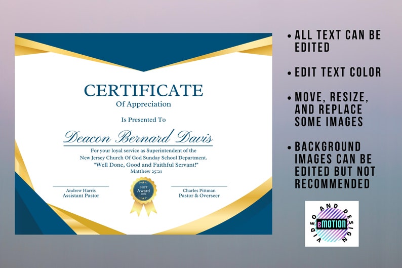 Editable Appreciation Certificate Template, Presentation Certificate of Recognition with Sample Wording and Scripture Quote, Edit in Canva image 3