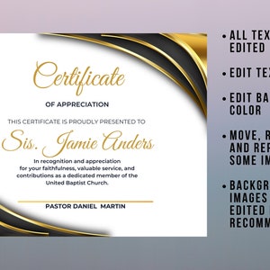 Editable Church Certificate of Appreciation Award, Religious Honor Certificate Template with Sample Wording, Edit in Canva image 4