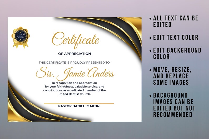 Editable Church Certificate of Appreciation Award, Religious Honor Certificate Template with Sample Wording, Edit in Canva image 4