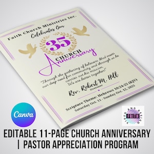 Editable Church Anniversary Program Template - Pastor Appreciation Canva Template | Printable Church Event Program Booklet-Instant Download