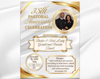 Pastors Church Anniversary Program Template, Bifold Booklet, White Gold Clergy Service Order (Digital Download)