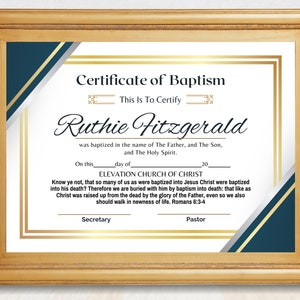 Certificado de bautismo editable, plantilla de certificado de bautismo elegante con texto de muestra y cita de las Escrituras, editar en Canva