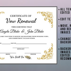Editable Vow Renewal Certificate, Elegant Printable Wedding Renewal ...