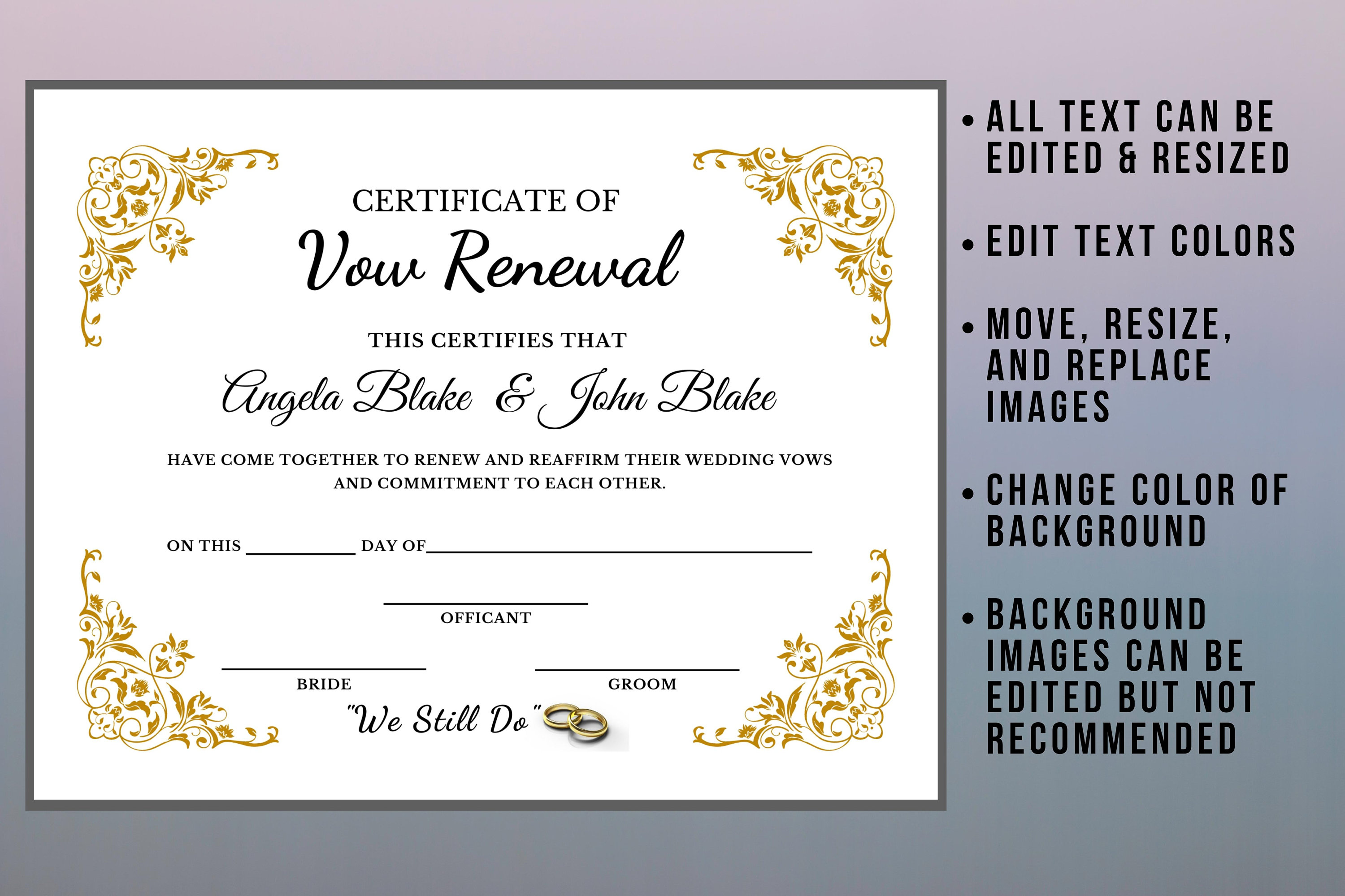 Editable Vow Renewal Certificate, Elegant Printable Wedding Renewal ...