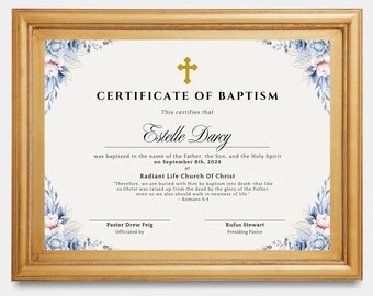 Plantilla de certificado de bautismo con flores azules: Recuerdo cristiano editable (descarga digital)