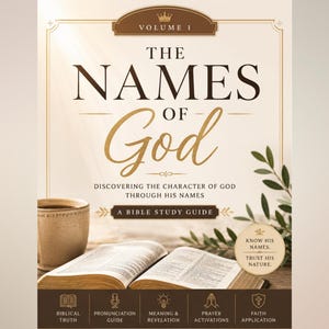 May include: A book cover titled The Names of God Volume 1, featuring an open Bible, a ceramic mug, and a green leafy branch. The text includes Discovering the Character of God Through His Names, A Bible Study Guide, and five icons with labels.