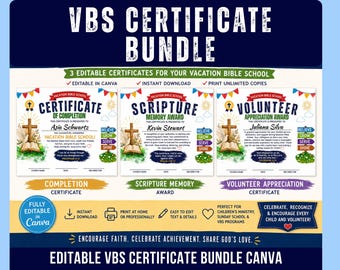 Editable VBS Certificate Bundle, Vacation Bible School Completion Award (Canva)