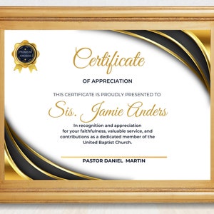 Editable Church Certificate of Appreciation Award, Religious Honor Certificate Template with Sample Wording, Edit in Canva