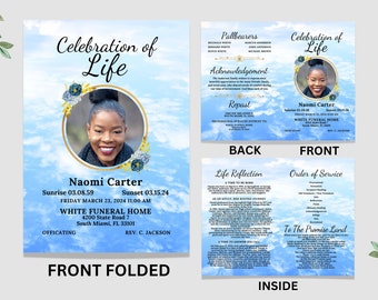 Clouds Celebration Of Life Folded Memorial Card Template, 4-Page Customizable Obituary Funeral Program, Editable Memorial Service Program