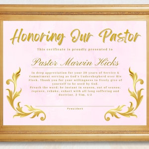 Editable Pastor&#39;s Appreciation Certificate From Members, Pastor Gift Certificate Template, Church Anniversary Plaque For Pastors, Canva