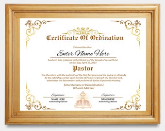 Editable Pastors Certificate of Ordination, Bishops, Prophets, Elders Ordination Certificate Template with scripture reference