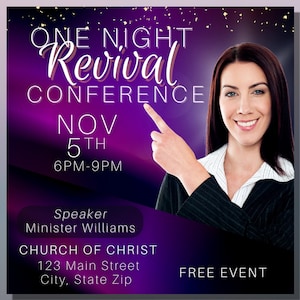 Purple Church Event Flyer Template: Revival Conference Invite (Canva, Digital)