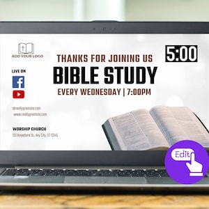 May include: A laptop screen displaying a graphic for a Bible study. The graphic features a brown background with white text that reads "Thanks for joining us Bible Study Every Wednesday | 7:00 PM". The graphic also includes a brown open Bible, a white cross, and a clock displaying 5:00. The graphic also includes social media icons for Facebook and YouTube, a website address, and the name "Worship Church" with an address.