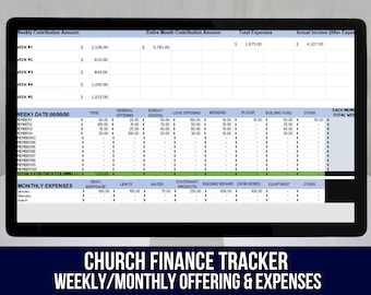 Könnte beinhalten: Eine digitale Tabellenkalkulation auf einem Computermonitor mit dem Titel Church Finance Tracker Weekly/Monthly Offering & Expenses. Das Raster erfasst wöchentliche Beiträge, Spenden von Mitgliedern in Kategorien wie Zehnter und Missionen sowie monatliche Ausgaben.
