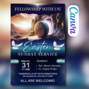May include: A blue and white flyer with a picture of a sunrise and a large rock. The text on the flyer reads "Fellowship with us! Easter Sunday Service March 31 11 AM Speakers: Rev. Marvin Glendale Ev. Angela Wright Tabernacle of Faith Ministries 123 Anywhere St., Any City, ST 12345 All are welcome!"