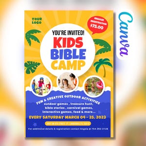 Editable Kids Bible Camp Flyer Template: Church Event (Canva)